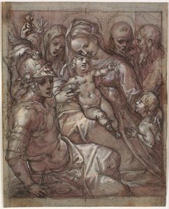 Jungfrau Maria und Jesuskind mit Johannes dem Täufer als Kind, Bernardino von Siena (?), Katharina von Siena, Erzengel Michael und ein bärtiger Heiliger von Francesco Rustici