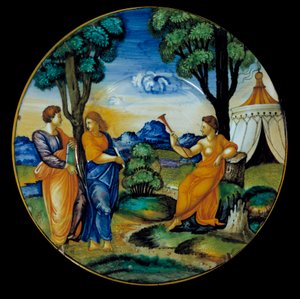 Majolikaplatte von Francesco Xanto Aveli, darstellend den Parnass