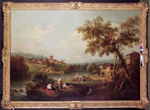 Weite Flusslandschaft mit einem Dorf