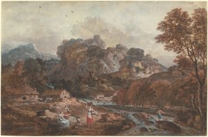 Berglandschaft mit Wäscherinnen und einem Fischer