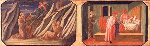 (LtoR) St. Franziskus von Assisi empfängt die Stigmata, SS. Cosmas und Damian heilen einen kranken Mann; Kopien der Originaltafeln, die Teil der Predella zur Madonna mit Kind auf dem Thron von Filippo Lippi sind