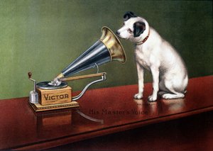 Werbung "La Voix de son Maître" - in "The Theatre" von Francis (after) Barraud