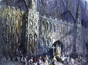 Die Westfassade der Kathedrale von Exeter mit einer religiösen Prozession im Vordergrund
