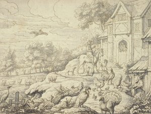 Bauernhof mit Figuren und Landschaftshintergrund