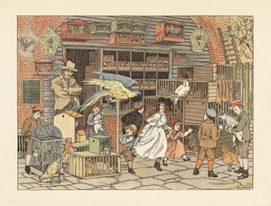 Viktorianische Kinder spielen mit Papageien und Kakadus im Vogel- oder Tiergeschäft. Chromolithographie nach einer Illustration von Francis Donkin Bedford aus Edward Verrall Lucas