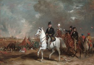 Der Viscount Hardinge, Generalgouverneur von Indien, begleitet von seinen zwei Söhnen und Colonel Wood, auf dem Schlachtfeld von Ferozeshah von Francis Grant