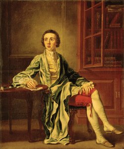 Porträt von Joseph Henry aus Straffan, Co. Kildare, Ganzkörper, an einem Tisch sitzend und einen Brief schreibend, in einem blauen Mantel, gelber Weste und roten Kniehosen, neben einem Bücherregal