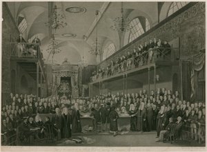 Innenansicht des House of Lords, Westminster, London, während der wichtigen Untersuchung im Jahr 1820 von Francis Phillip Stephanoff