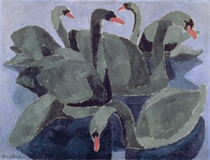 Schwarze Schwäne auf blauem Hintergrund, um 1909