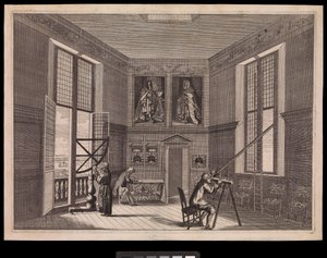 Drei Figuren benutzen astronomische Geräte im Großen Sternzimmer oder dem Oktagonzimmer, wie es heute bekannt ist, im Royal Observatory, ca. 1676