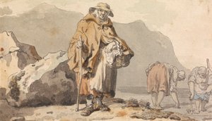 Eine alte Fischerin mit zwei Frauen, die nach Ködern graben