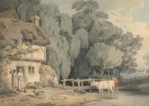 Ländliche Szene: Figuren an einer Haustür und Vieh in einem Bach