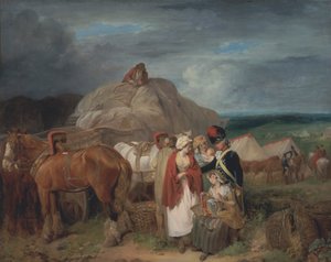 Soldat mit Landfrauen, die Bänder verkaufen, in der Nähe eines Militärlagers von Francis Wheatley