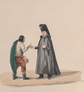 Ein Kanon überreicht einem Mann ein Kruzifix, aus einer Gruppe von Zeichnungen, die peruanische Trachten darstellen, 1848 von Francisco