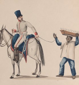Ein Soldat zu Pferd hält ein Seil, das einen indigenen Sklaven sichert, der einen Teller balanciert von Francisco