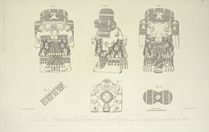 Aztekisches Idol aus basaltischem Porphyr, gefunden unter der Grand Plaza von Mexiko-Stadt, graviert von Cloquet, Illustration aus 