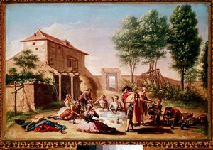 Mittagessen auf dem Land: junge Leute des Bürgertums beim Picknick. Gemälde von Francisco Bayeu y Subías