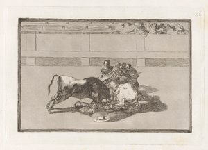 Caida de un picador de su caballo debajo del toro (Ein Picador wird abgeworfen und fällt unter den Stier), Platte 26 aus La tauromaquia von Francisco de Goya