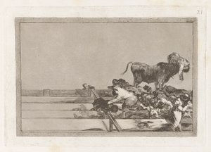 Desgracias acaecidas en el tendido de la plaza de Madrid, y muerte del alcalde de Torrejon (Schreckliche Ereignisse in den vorderen Reihen des Rings in Madrid und Tod des Bürgermeisters von Torrejon), Platte 21 aus La tauromaquia von Francisco de Goya
