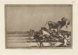 Schreckliche Ereignisse in den vorderen Reihen des Rings in Madrid und Tod des Bürgermeisters von Torrejón, Platte 21 aus La tauromaquia von Francisco de Goya