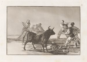 Die Pöbel hamstringen den Stier mit Lanzen, Sicheln, Banderillas und anderen Waffen, Platte 12 aus La tauromaquia von Francisco de Goya