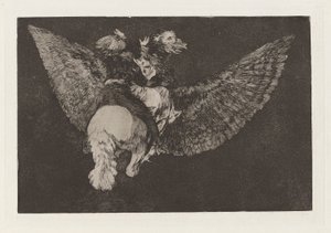 Fliegende Torheit, auch bekannt als Verleugne den Freund, der dich mit seinen Flügeln bedeckt und mit seinem Schnabel beißt, aus der Serie Los disparates (Los proverbios)