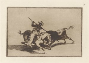 El animoso Moro Gazul es el primero que lanceó toros en regla. (Der temperamentvolle Maure Gazul ist der Erste, der Stiere nach den Regeln spießt), Platte 5 aus La tauromaquia von Francisco de Goya