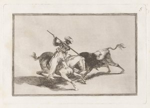 Der mutige Maure Gazul ist der Erste, der Stiere nach den Regeln speert, Platte 5 aus La tauromaquia von Francisco de Goya