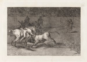 Mariano Ceballos, alias der Indianer, tötet den Stier von seinem Pferd aus, Platte 23 aus La tauromaquia von Francisco de Goya