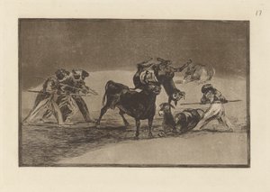 Die Mauren benutzen Esel als Barriere, um sich gegen den Stier zu verteidigen, dessen Hörner mit Kugeln versehen sind, Platte 17 aus La tauromaquia