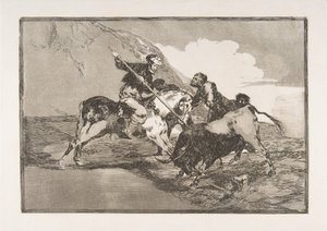 Tafel 1 aus der Tauromaquia: Die Art und Weise, wie die alten Spanier Stiere zu Pferd jagten, 1816