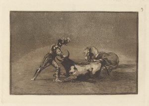 Ein spanischer Ritter tötet den Stier, nachdem er sein Pferd verloren hat, Platte 9 aus La tauromaquia von Francisco de Goya