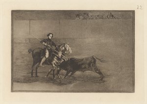 Männlicher Mut der berühmten Pajuelera in der Arena von Saragossa, Platte 22 aus La tauromaquia von Francisco de Goya