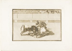 Ein Picador wird abgeworfen und fällt unter den Stier, Platte 26 aus Die Kunst des Stierkampfs