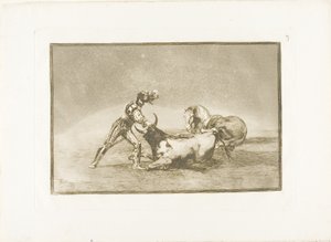 Ein spanischer Ritter tötet den Stier, nachdem er sein Pferd verloren hat, Platte neun aus Die Kunst des Stierkampfs von Francisco Jose de Goya y Lucientes