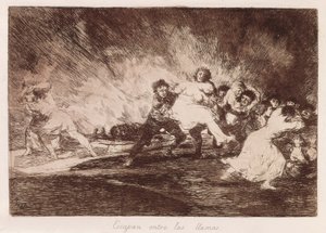 GOYA Y LUCIENTES, Francisco de (1746-1828). Sie fliehen durch die Flammen. 1810-1812. (16,1 x 23,3 cm). Platte 47 aus „Die Schrecken des Krieges“. Radierung. SPANIEN. MADRID (AUTONOME GEMEINSCHAFT). Madrid. Nationalbibliothek