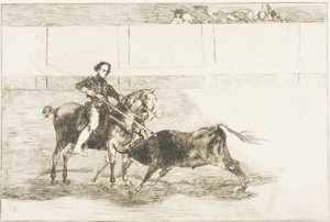 Männlicher Mut der berühmten Pajuelera im Ring von Saragossa, Platte 22 aus Die Kunst des Stierkampfs von Francisco Jose de Goya y Lucientes