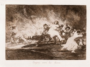 Die Schrecken des Krieges: Sie entkommen durch die Flammen (Radierung nach einer Zeichnung) von Francisco de Goya