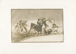 Die Mauren benutzen Esel als Barriere, um sich gegen den Stier zu verteidigen, dessen Hörner mit Kugeln versehen sind, Tafel 17 aus Die Kunst des Stierkampfs von Francisco Jose de Goya y Lucientes