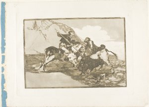 Die Art und Weise, wie die alten Spanier Stiere zu Pferd auf freiem Feld jagten, Platte eins aus Die Kunst des Stierkampfs
