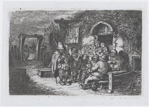 Tafel 18: Straßenmusiker und andere Figuren vor einer Taverne, aus der Serie der Bräuche ..., 1850 von Francisco Lameyer Berenguer