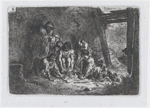 Platte 8: eine Gruppe von Figuren, von denen einige ein Spiel spielen, aus der Serie von Bräuchen, 1850 von Francisco Lameyer Berenguer