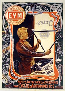 Plakat, das E.V.M. Fahrrad-Zubehör bewirbt
