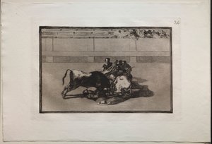 Stierkämpfe: Ein Picador wird abgeworfen und fällt unter den Stier von Francisco de Goya