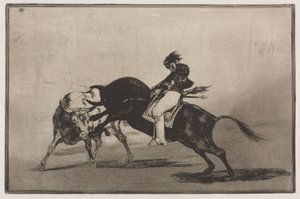 Stierkämpfe: Der gleiche Ceballos, auf einem anderen Stier reitend, bricht kurze Speere im Ring in Madrid von Francisco de Goya