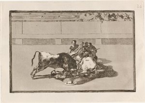 Ein Picador wird abgeworfen und fällt unter den Stier von Francisco de Goya