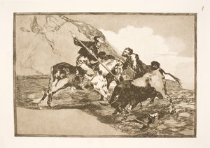Die Art und Weise, wie die alten Spanier zu Pferd Stiere auf der Ebene jagten