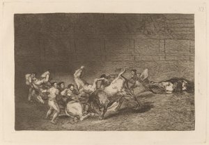Zwei Teams von Picadores nacheinander von einem einzigen Stier geworfen von Francisco de Goya