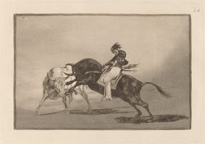 Der gleiche Ceballos, auf einem anderen Stier reitend, bricht kurze Speere in der Arena von Madrid von Francisco de Goya