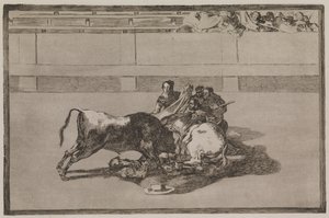 Ein Picador wird vom Pferd geworfen und stürzt unter den Stier von Francisco de Goya